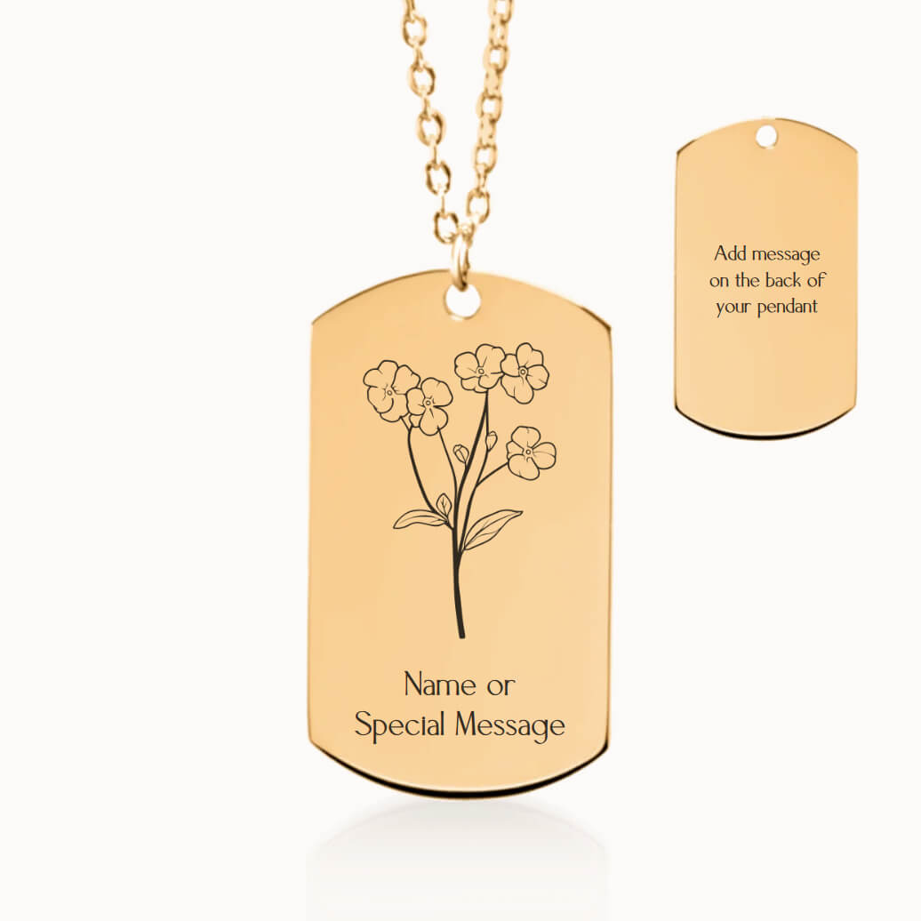 Personalized Forget-Me-Not Flower Tag Pendant Necklace in Gold, Remembrance Gift for Her